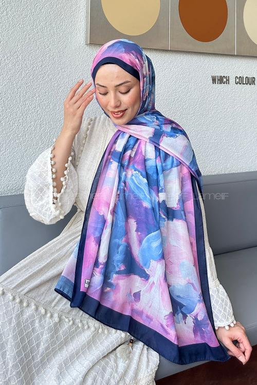 Lamelif Elegan Desen Soft Şal Lacivert Şeker Pembe