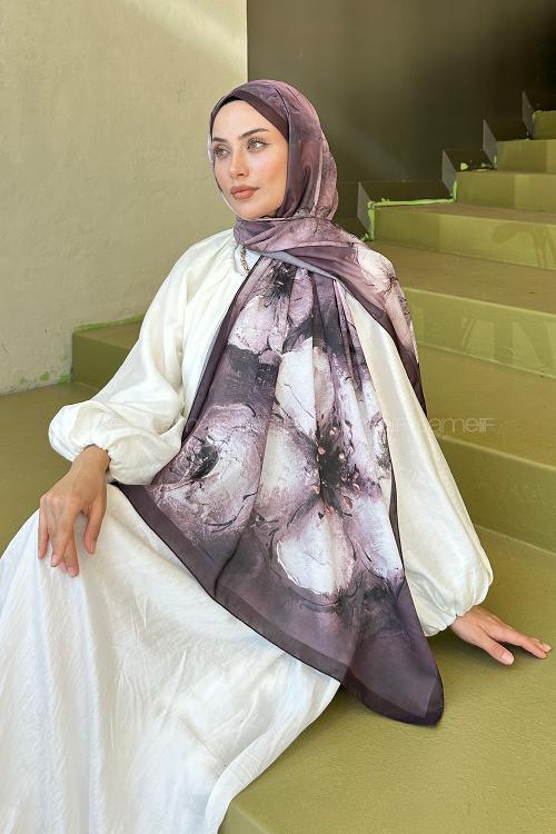 Lamelif Bohem Çiçek Desen Soft Şal Acı Kahve