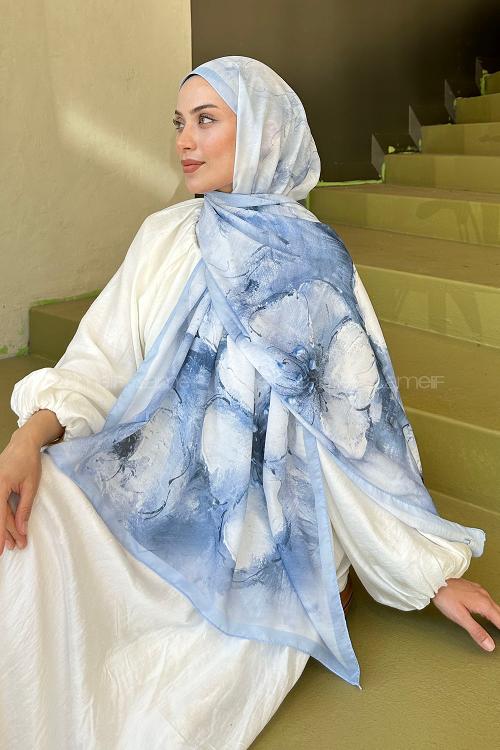 Lamelif Bohem Çiçek Desen Soft Şal Bebe Mavi