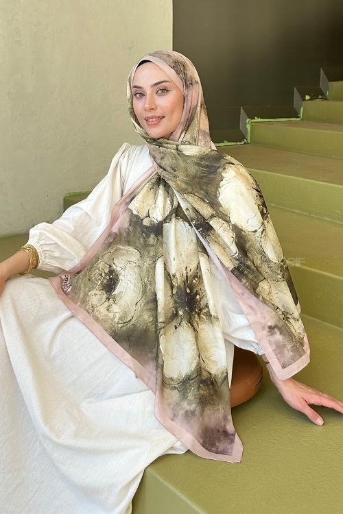 Lamelif Bohem Çiçek Desen Soft Şal Camel