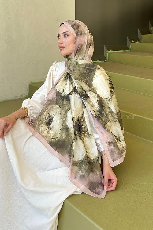 Lamelif Bohem Çiçek Desen Soft Şal Camel