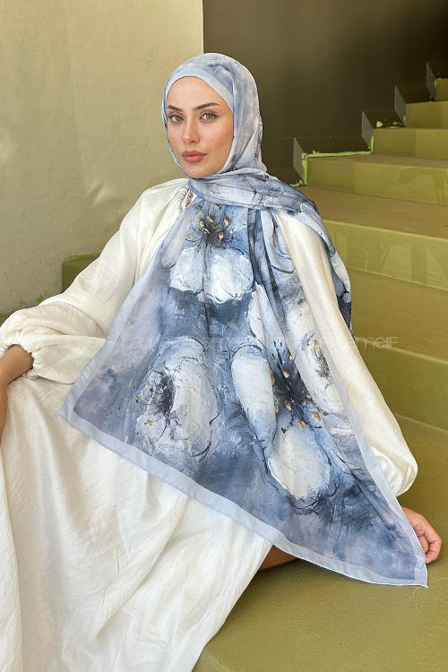 Lamelif Bohem Çiçek Desen Soft Şal Gri