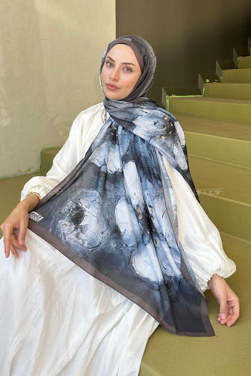 Lamelif Bohem Çiçek Desen Soft Şal Kahverengi