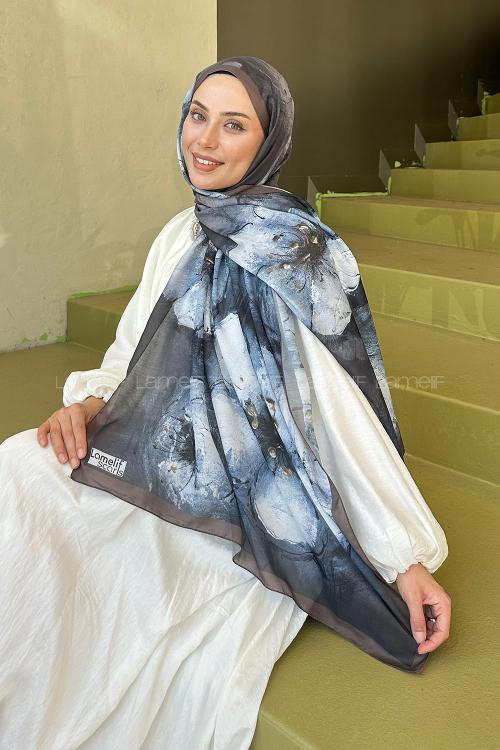 Lamelif Bohem Çiçek Desen Soft Şal Kahverengi