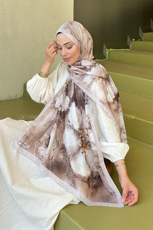 Lamelif Bohem Çiçek Desen Soft Şal Vizon