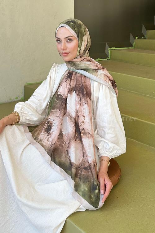 Lamelif Bohem Çiçek Desen Soft Şal Vizon Yeşil