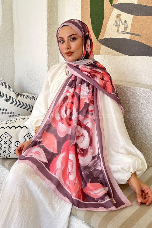 Lamelif Çiçek Desen Pamuk Şal Şeker Pembe