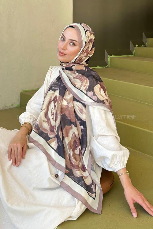 Lamelif Çiçek Desen Pamuk Şal Toprak