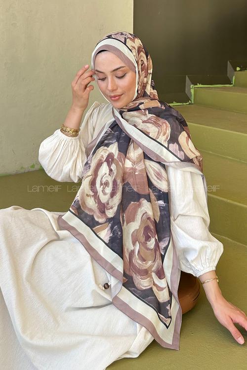 Lamelif Çiçek Desen Pamuk Şal Toprak