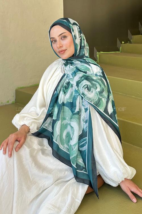 Lamelif Çiçek Desen Pamuk Şal Zümrüt Yeşili