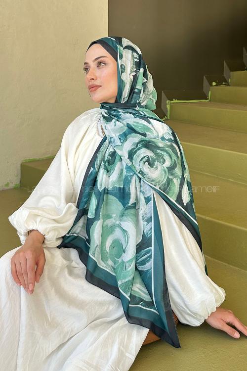 Lamelif Çiçek Desen Pamuk Şal Zümrüt Yeşili