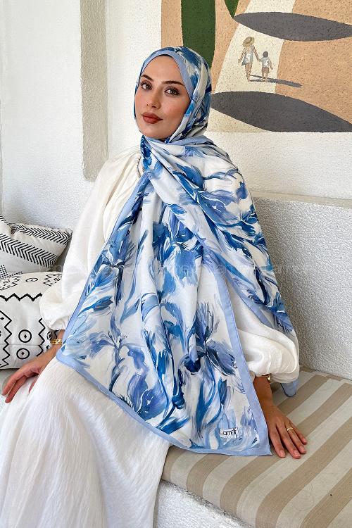 Lamelif Çicek Desen Soft Şal Bebe Mavi