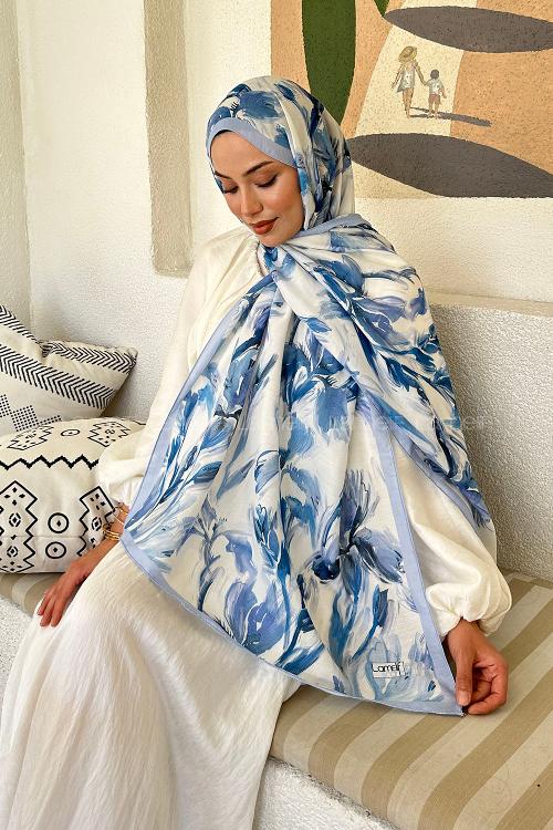 Lamelif Çicek Desen Soft Şal Bebe Mavi