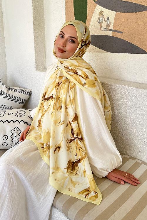 Lamelif Çicek Desen Soft Şal Sarı