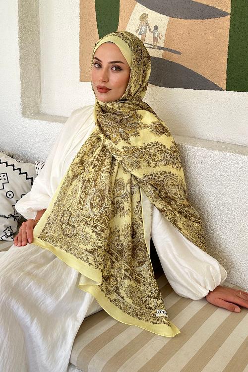 Lamelif Retro Desen Soft Şal Sarı