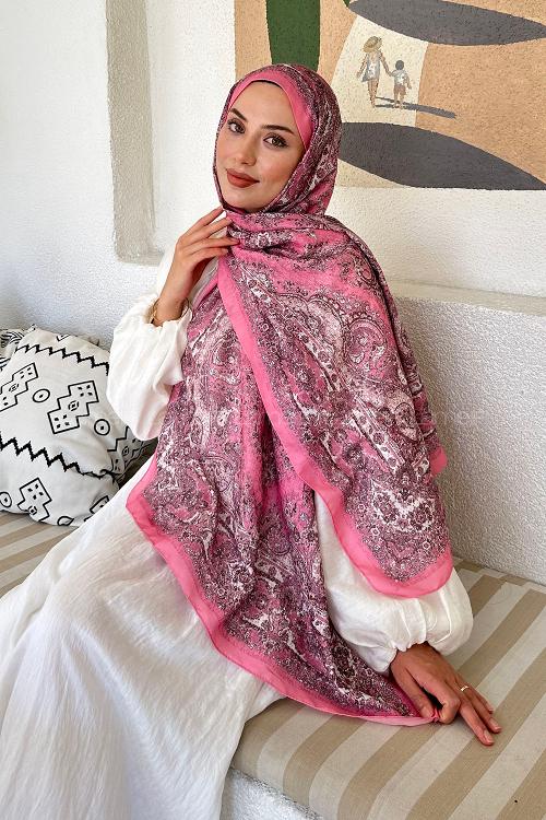 Lamelif Retro Desen Soft Şal Şeker Pembe