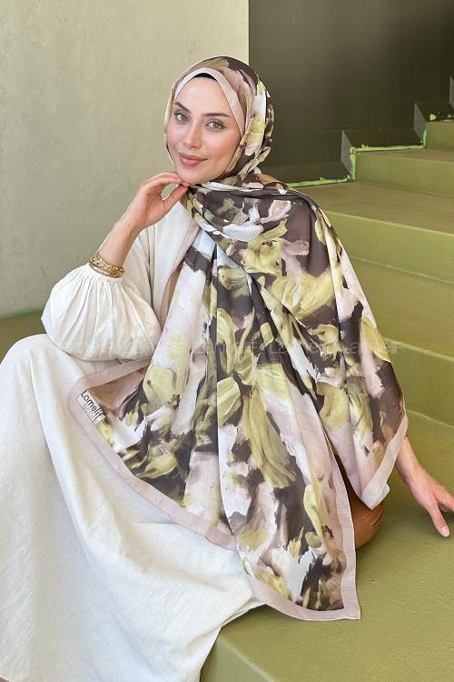 Lamelif Elegan Desen Soft Şal Yağ Yeşili Bej