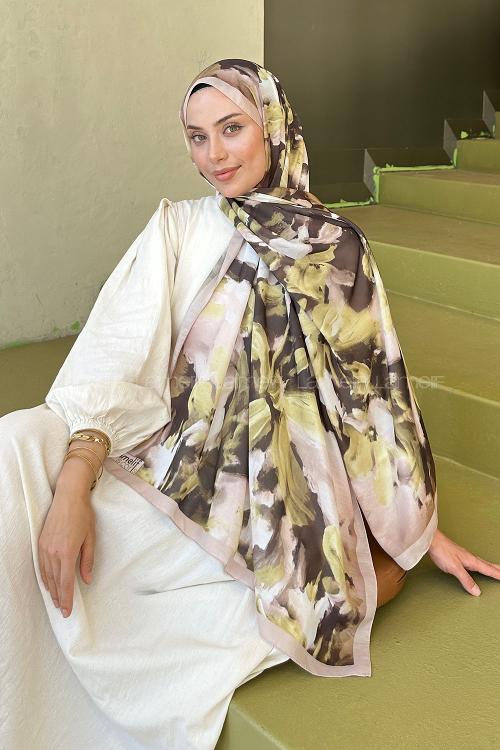 Lamelif Elegan Desen Soft Şal Yağ Yeşili Bej