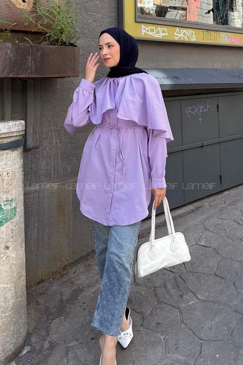 Lamelif Pelerin Yaka Tesettür Gömlek Lila