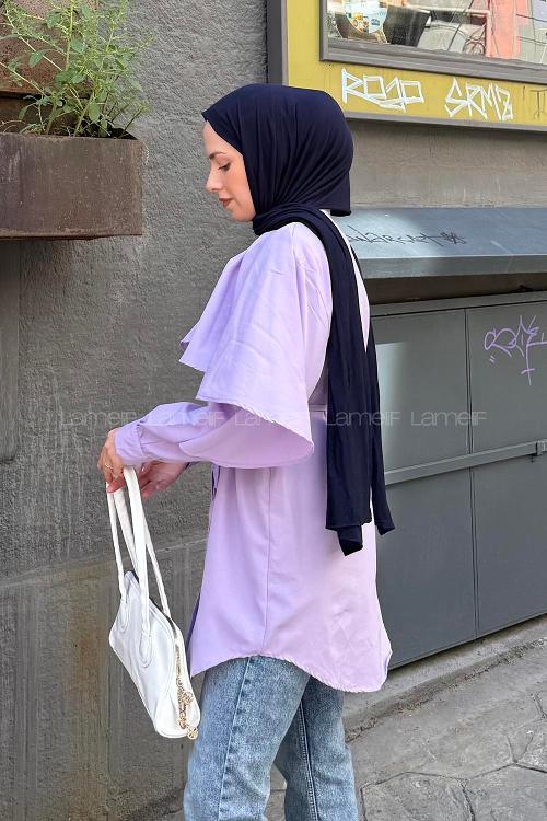 Lamelif Pelerin Yaka Tesettür Gömlek Lila