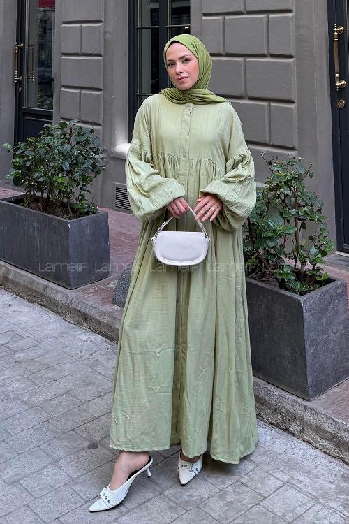 Lamelif Balon Kol Uzun Tesettür Elbise Mint Yeşili