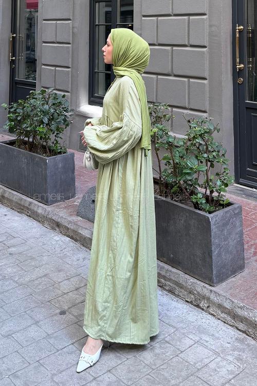 Lamelif Balon Kol Uzun Tesettür Elbise Mint Yeşili
