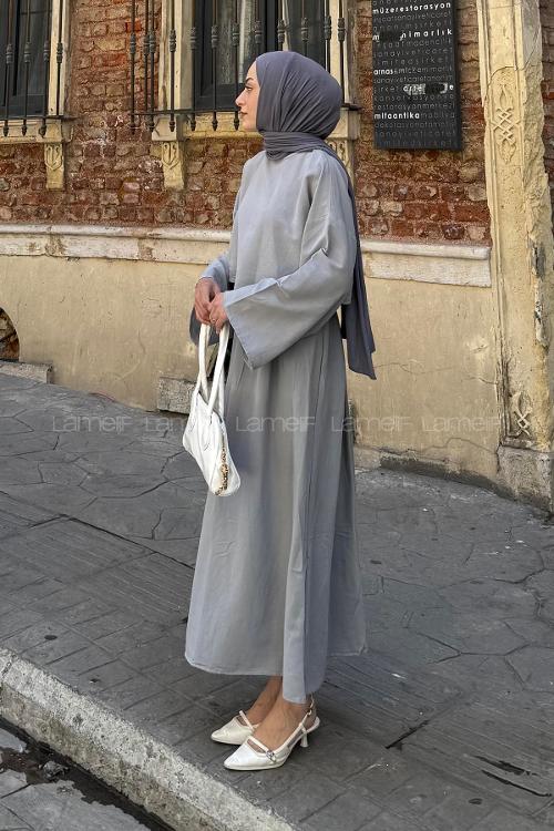 Lamelif Etekli Tesettür Takım Açık Gri
