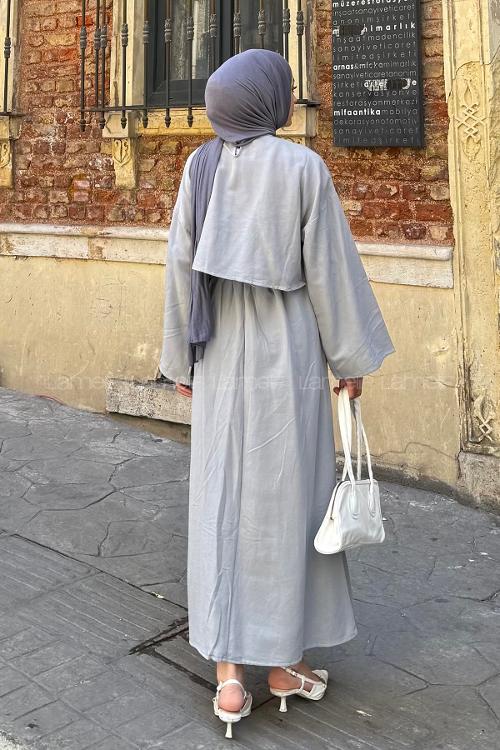 Lamelif Etekli Tesettür Takım Açık Gri