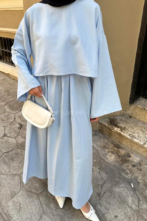 Baby Blue Crew Neck Long Arm Linen Flare Suit