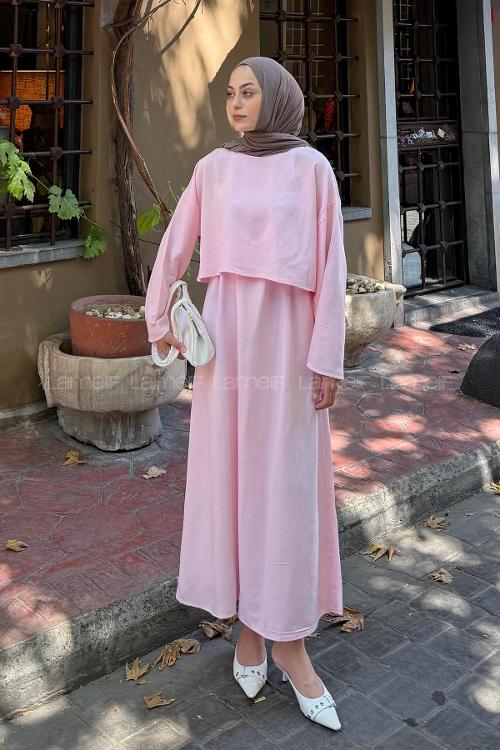Lamelif Etekli Tesettür Takım Pembe
