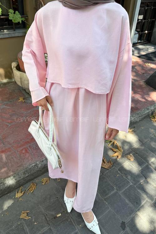 Lamelif Etekli Tesettür Takım Pembe