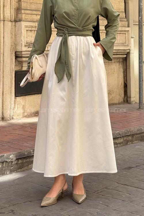 Lamelif Cep Detaylı Kloş Keten Etek Krem