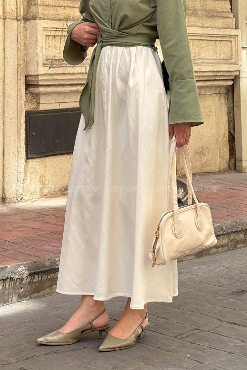 Lamelif Cep Detaylı Kloş Keten Etek Krem