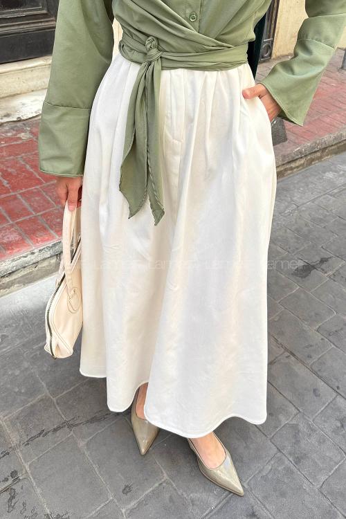 Lamelif Cep Detaylı Kloş Keten Etek Krem