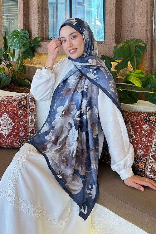 Lamelif Çiçek Desen Bambu Şal Antrasit