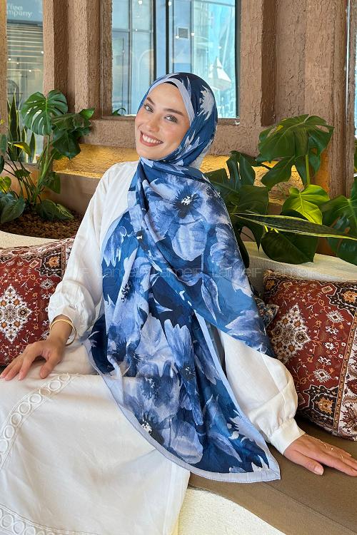 Lamelif Çiçek Desen Bambu Şal Bebe Mavisi