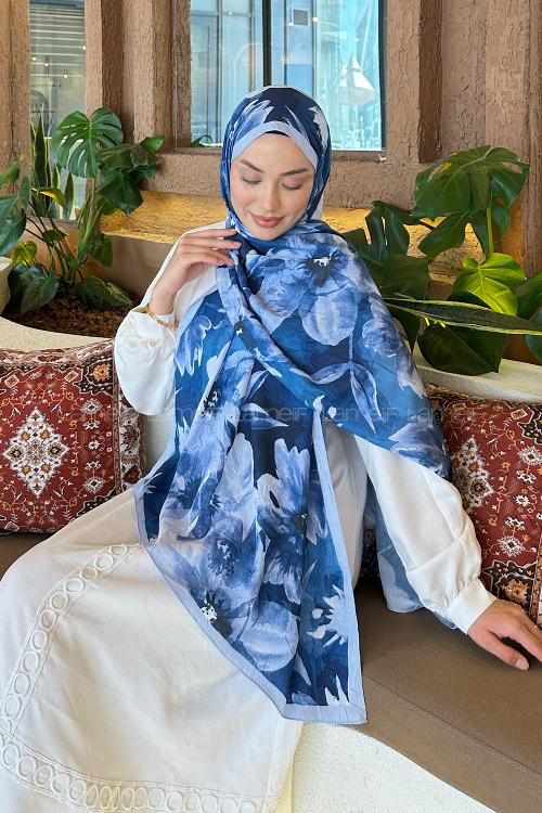 Lamelif Çiçek Desen Bambu Şal Bebe Mavisi