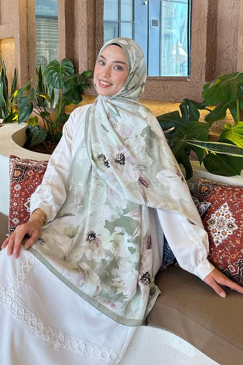 Plum Green Cotton Fabric Flowering Printed Shawl