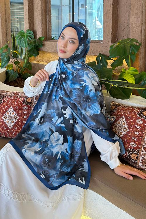 Lamelif Çiçek Desen Bambu Şal Gece Mavisi
