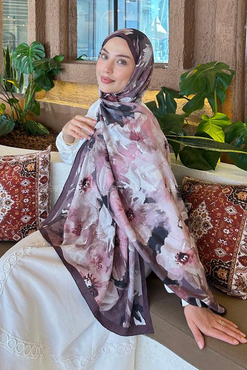 Lamelif Çiçek Desen Bambu Şal Gül Kurusu