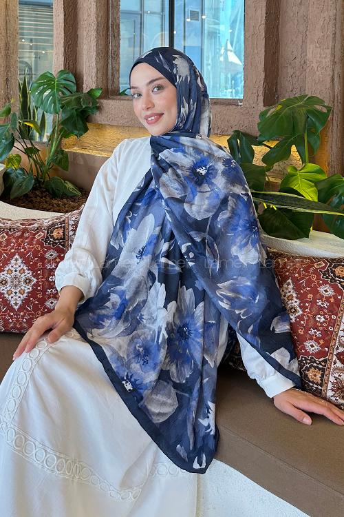 Lamelif Çiçek Desen Bambu Şal Lacivert