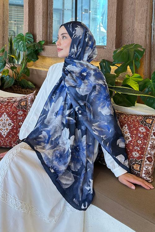 Lamelif Çiçek Desen Bambu Şal Lacivert