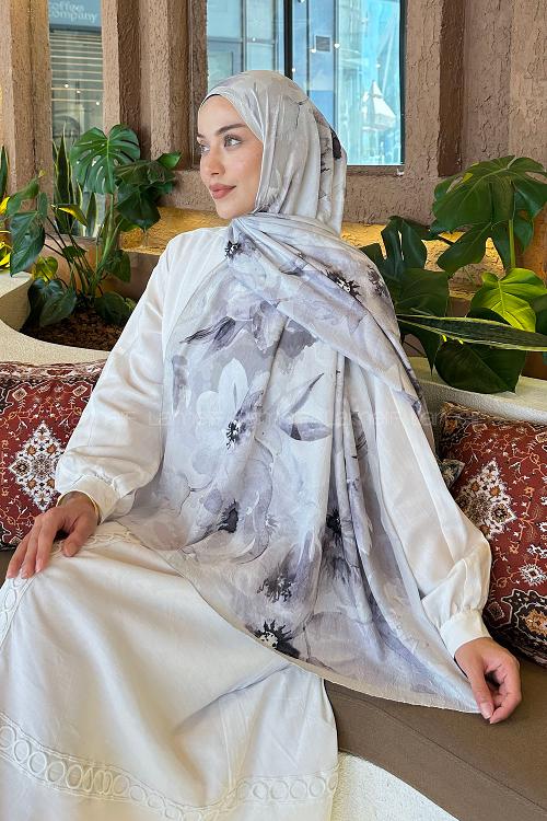 Lamelif Çiçek Desen Bambu Şal Vizon