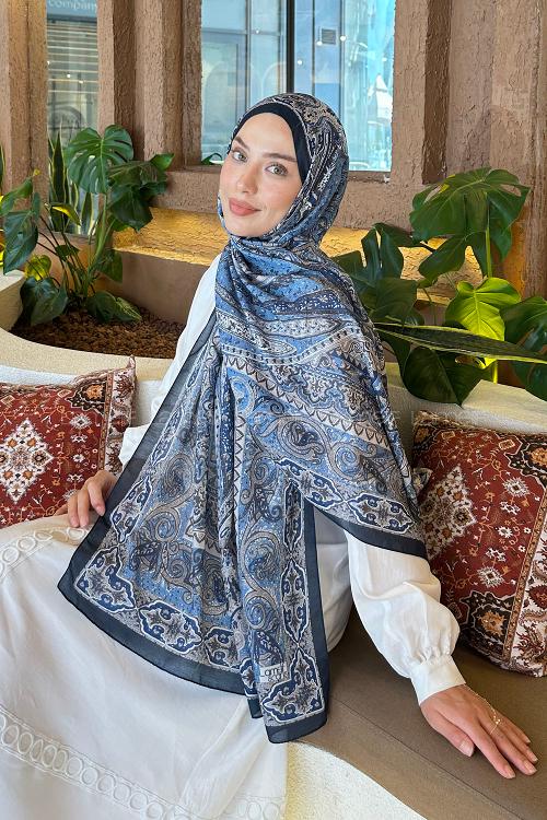 Lamelif Retro Desen Pamuk Şal Lacivert