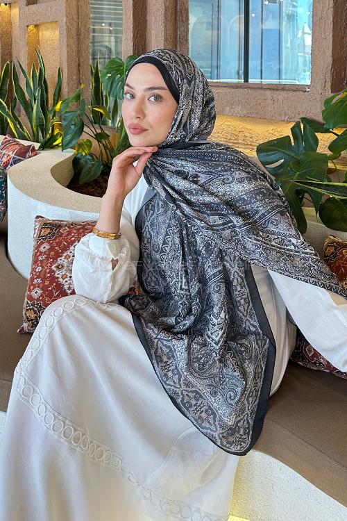 Lamelif Retro Desen Pamuk Şal Siyah-Vizon