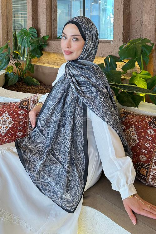 Lamelif Retro Desen Pamuk Şal Siyah-Vizon