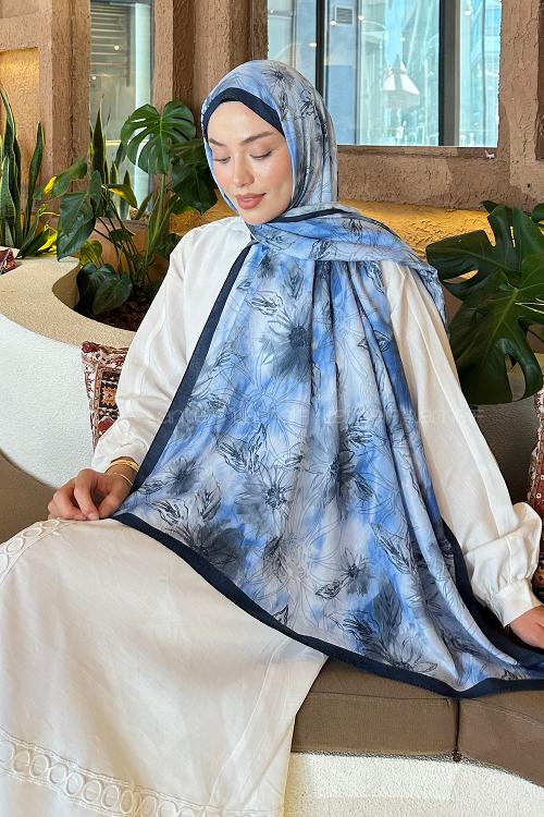 Lamelif Sarmaşık Desen Bambu Şal Gök Mavi