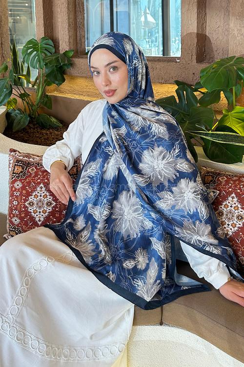 Lamelif Sarmaşık Desen Bambu Şal Lacivert