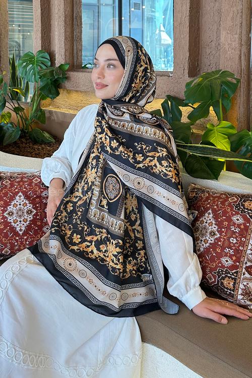Lamelif Versa Desen Pamuk Şal Siyah Bej