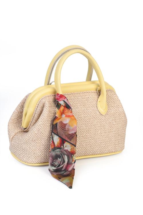 Lamelif Kadın Hasır Şal Detaylı Çapraz Askılı El Ve Omuz Çantası Sarı